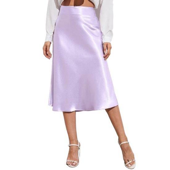 Women Midi Skirt High Waist Satin-Like Shiny Skirt Solid Color