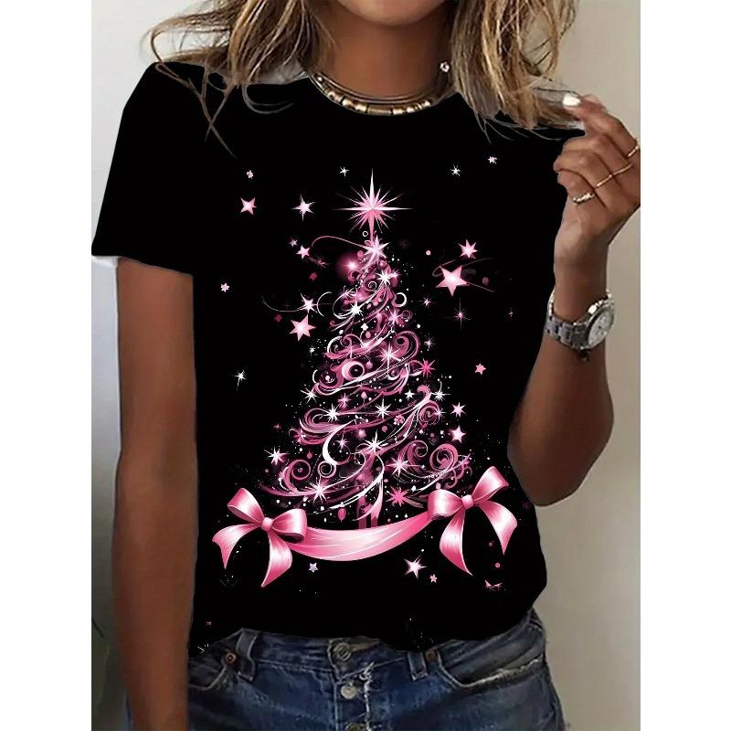 

European Size Womens Cartoon Christmas Tree Print T Shirt Round Neck Short Sleeve Casual Summer Fashion Trend Street Wear Top 4XL чорний