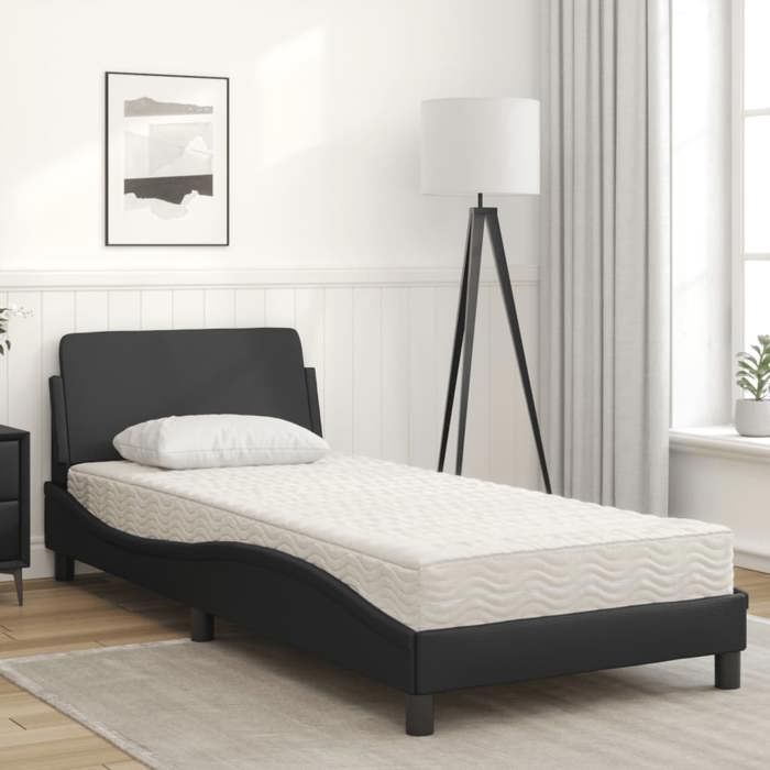 VidaXL Lit avec matelas noir 90x200 cm similicuir, meuble de chambre à coucher, lit simple, cadre de lit incurvé, sommier, 3208337
