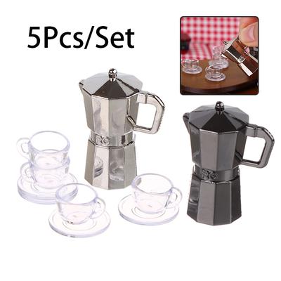 1Set 1:12 Dollhouse Miniature Coffee Pot Metal Kettle Moka Pot W/Cup Tray Kitchen Home Model Decor Toy Doll House Accessories
