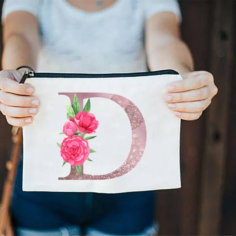 Pink Flowers Alphabet A-Z White Canvas Makeup Bags Zipper Cosmetic Pouch Ladies Casual Fashion Storage Organizer Make Up Bag