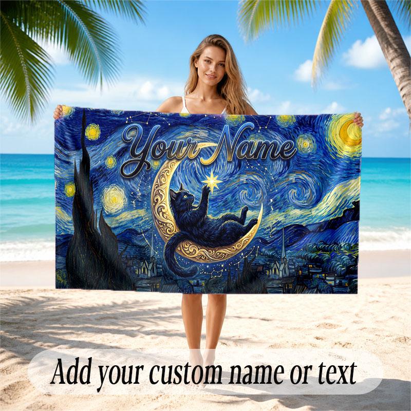 Cat Theme Soft Beach Towel Personalized Custom Name Text Towel Portable for Beach Pool Travel