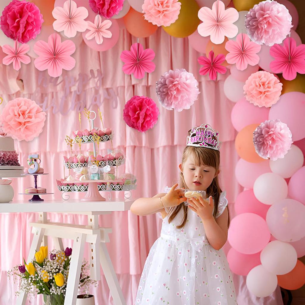 15PCS Pink Party Dressing Set, Tissue Paper Pom Poms Decorations and Hanging Pastel Flower Fan Suitable for Grad Birthday Wedding Party Wall Ceiling