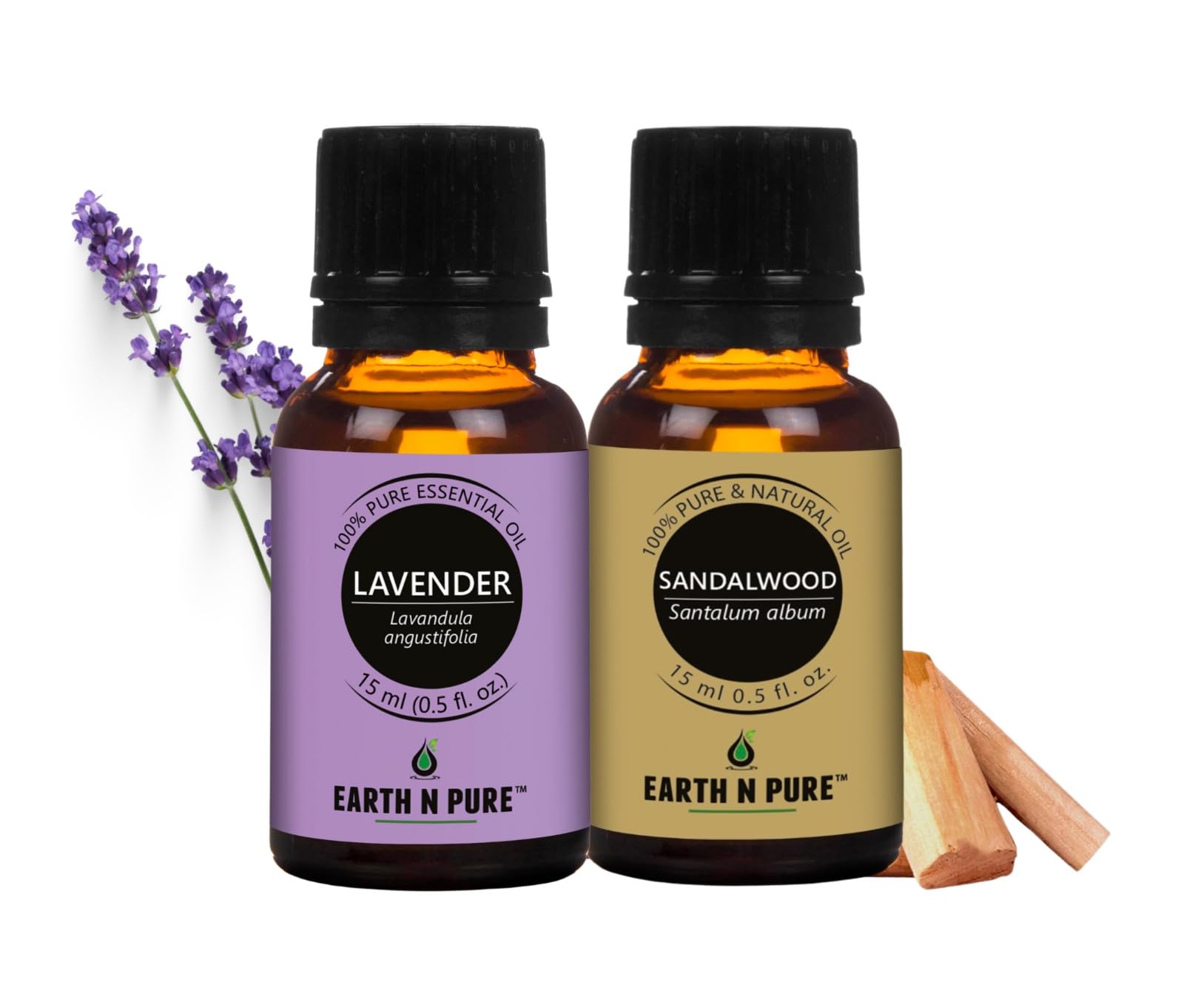 Earth N Pure Lavender & Sandalwood Essential Oils | Pack of 2 (15 ml each) | 100% Pure, Undiluted, Natural and Therapeut