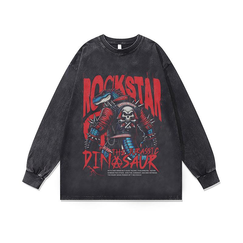 Dark Cartoon Digital Direct Injection Printing Washed Long-Sleeved T-Shirt For Men And Women American Retro Crew Neck Sweater