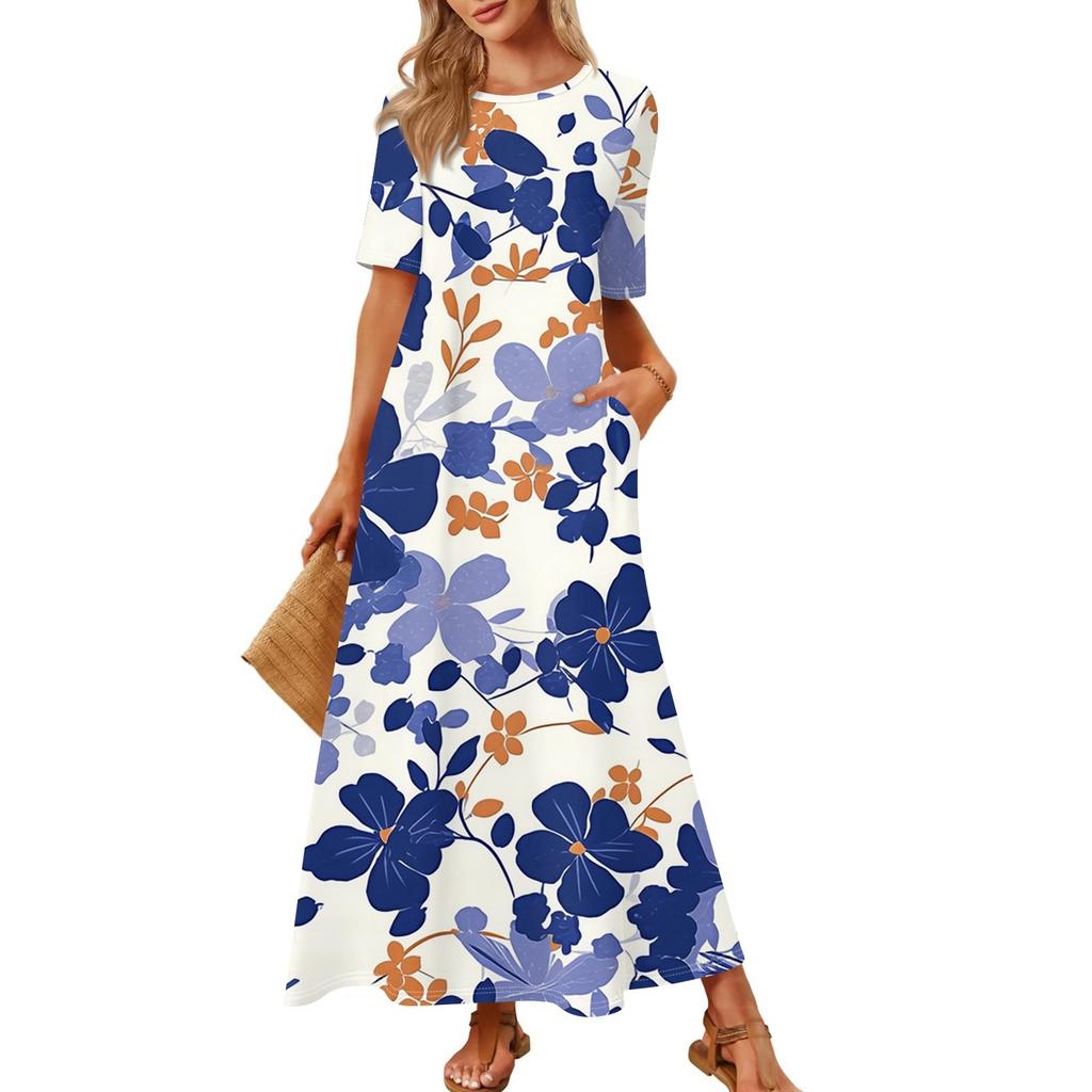 Damen Modischer Und Lässiger Langer Strandrock Rundhals Kurzärmelig Locker Retro-Print Kleid
