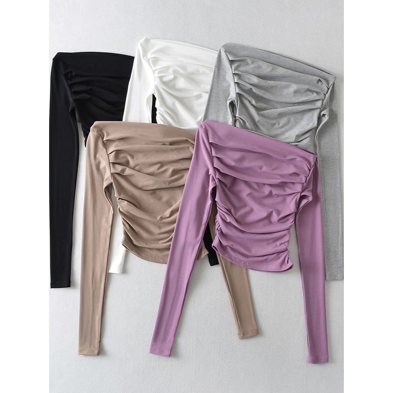 

Slanted Shoulder Pleated Long Sleeved Shirt Slant Shoulder Ruched Long Sleeves Tops Black M