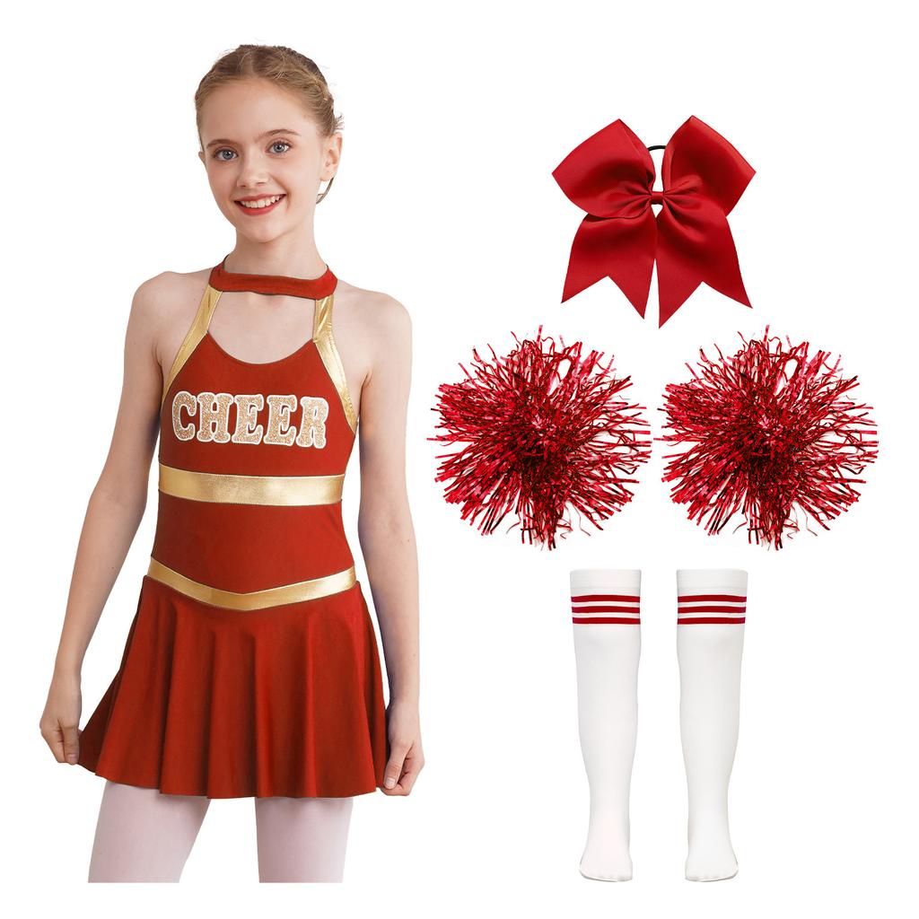 Bambini Ragazze Abiti da cheerleader Stampa di lettere Patchwork Abito da ballo senza maniche Copricapo Bowknot Calzini tubolari a righe con fiori a mano