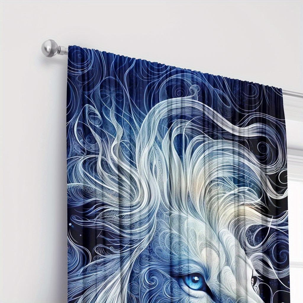 2pc Lion Print Pattern Curtains   Polyester Fabric   Machine Washable   Suitable for Bedroom   Living Room   Living Room Curtains