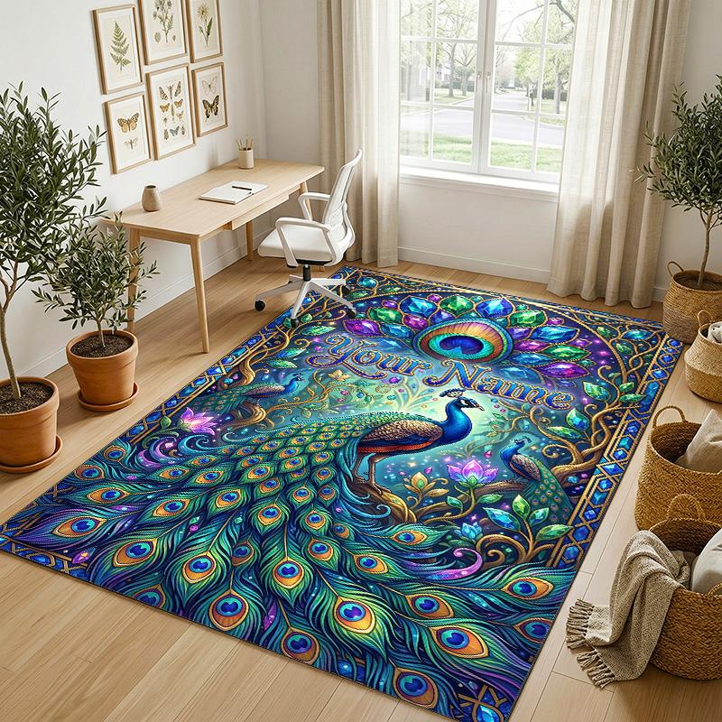Peacock Theme Soft Crystal Velvet Rug Custom Name & Text Print Non Slip Floor Rug for Bedroom Living Room