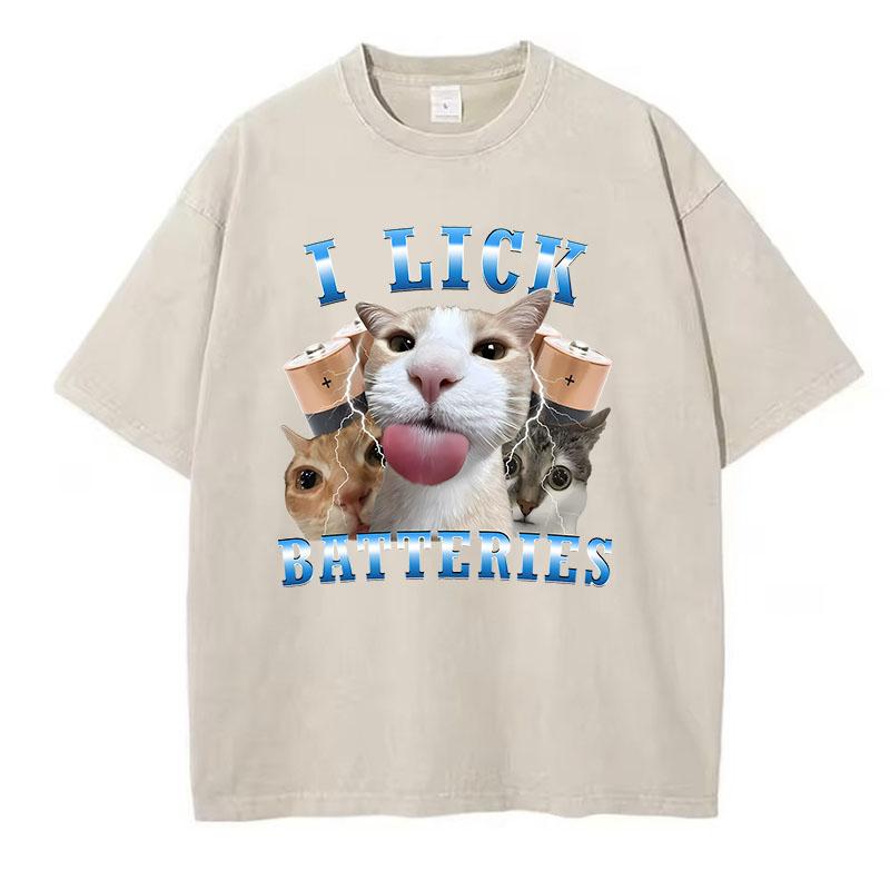 Mode T-Shirt Vintage Gewaschenes Baumwoll-T-Shirt Ich Lecke Batterien Lustiges Katzen-Grafik-T-Shirt Lässiges Streetwear Frühling Sommer Shirt