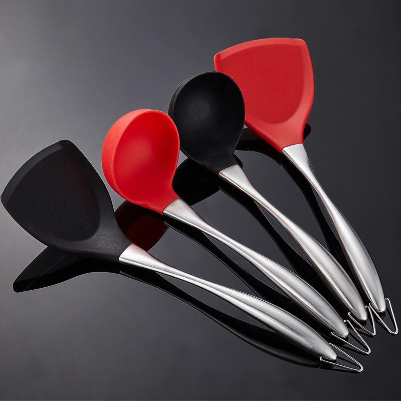 Non-Stick Silicone Cooking Spatula Turner Large Soup Spoon Ladle Stainless Steel Handle Serving Spoon Kitchen Cooking Utensils