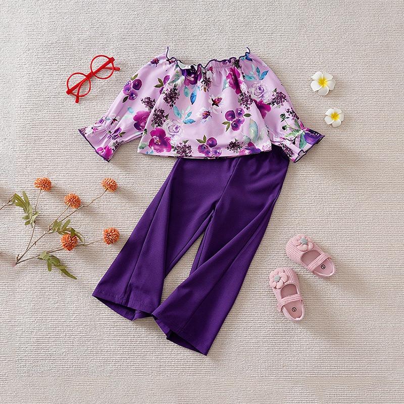 Детский костюм для девочек Мультяшный Весна-Лето Детский Комплект из 2 предметов Тип А Раздельный Длинный рукав Цветочный Расклешенные Брюки Распродажа 912M80cm фиолетовый