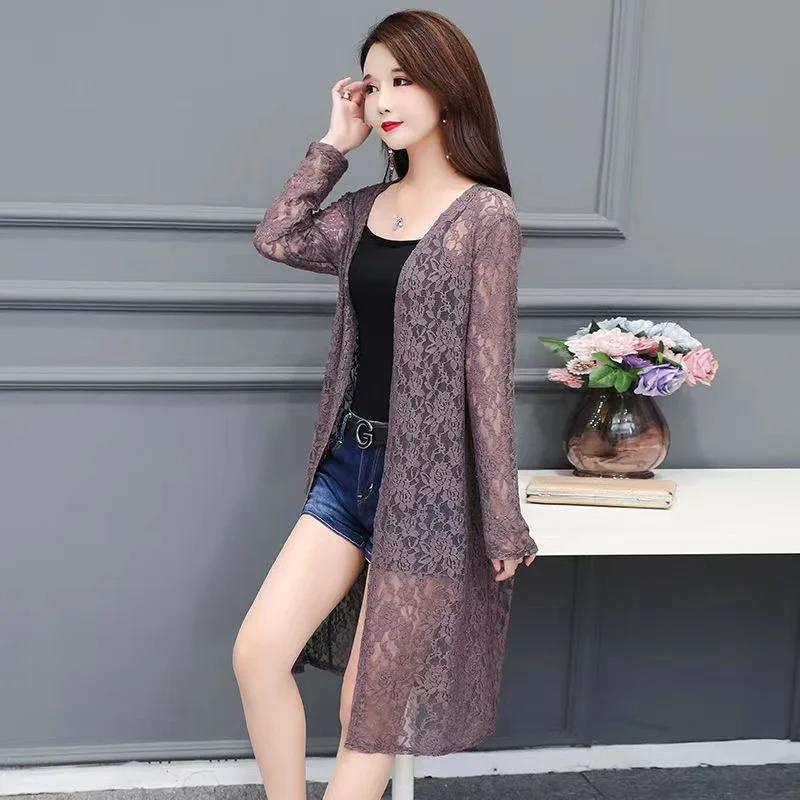 Women's Mid-length Summer Lace Sunscreen Cardigan Fashion Thin Coat with Matching Skirt Top Mesh Shawl Casual Lady Cardigan