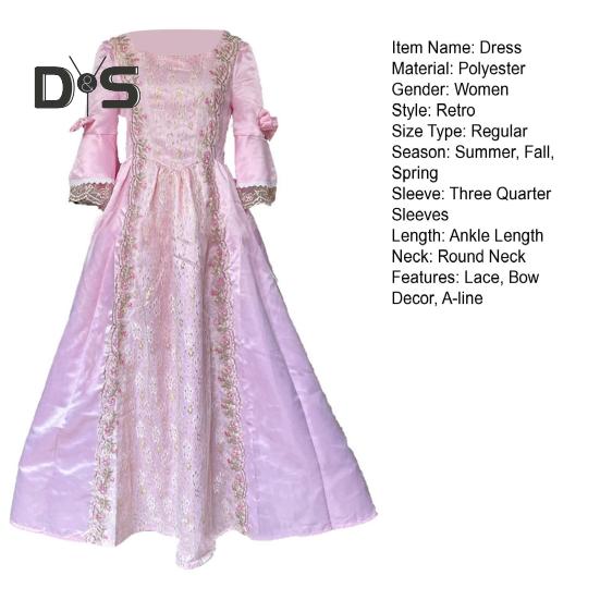 Women Performance Dress Stage Show Retro Royal Style Lace Bow Decor Bell Sleeve Patchwork A-line Hallowen Party Carnival Evening Dress Ball Gown