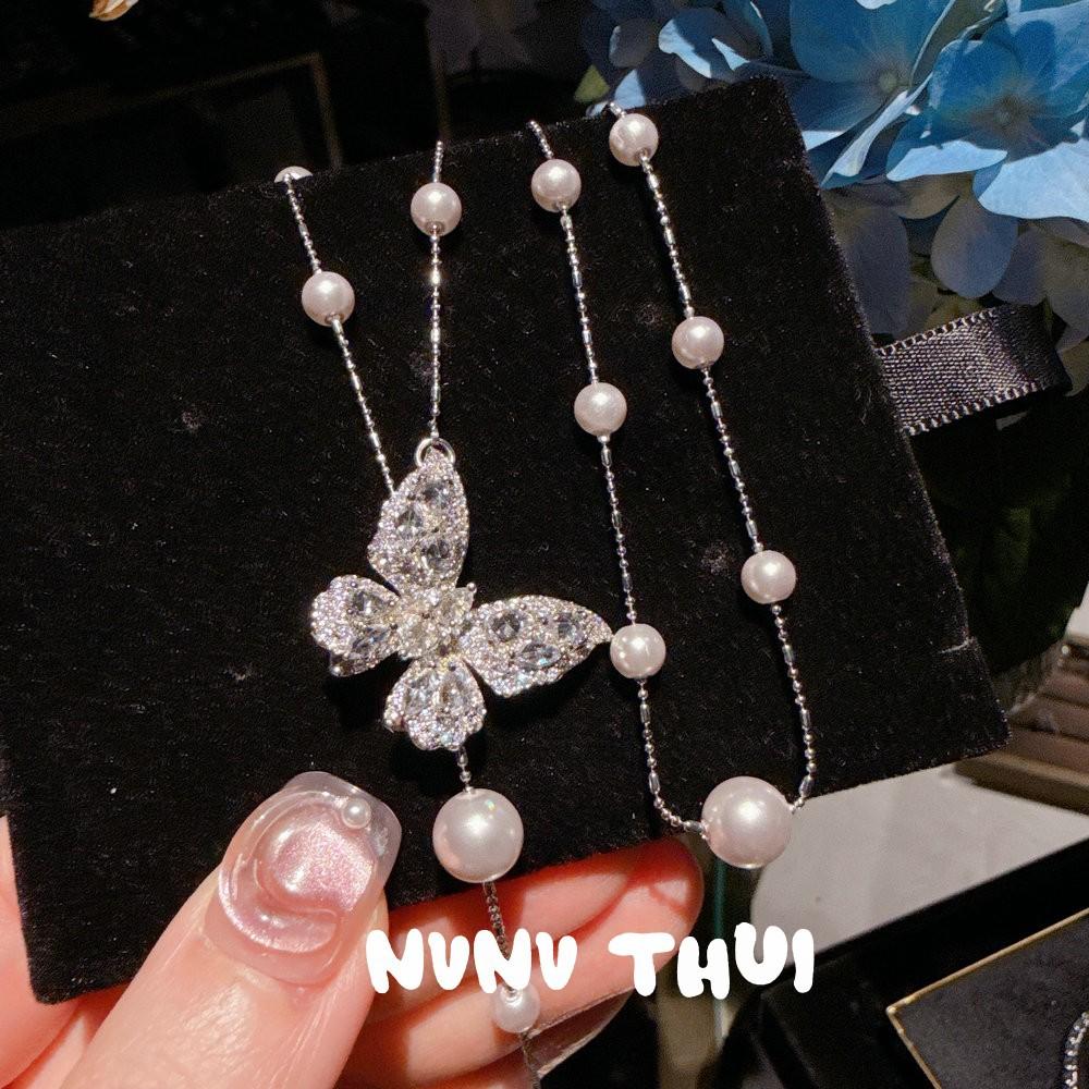 Jewelry, Exquisite Flower Butterfly Butterfly Gem Pearl Y-Shaped Necklace Light Luxury Advanced Gradual Change Love Zircon Earrings Set