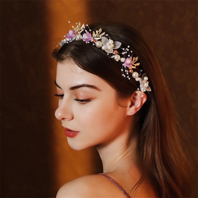 Golden Leaf Pearl Headband: Fairy-Inspired Flower Wreath for Girls' European Wedding or Sweet Dress-Up Headdress