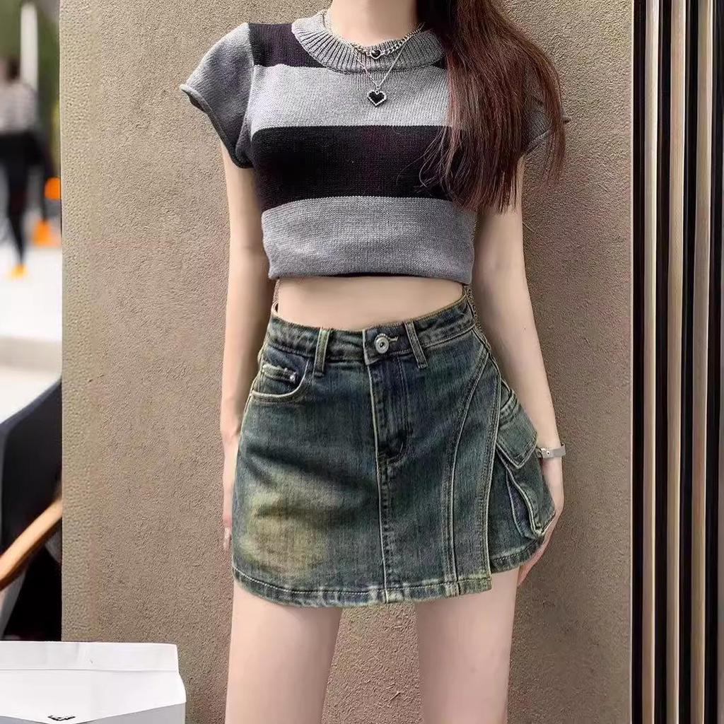 Dam Högmidjad Retro Denim A-linjekjol - Oregelbunden Slim Fit, Trendig Sommarstil