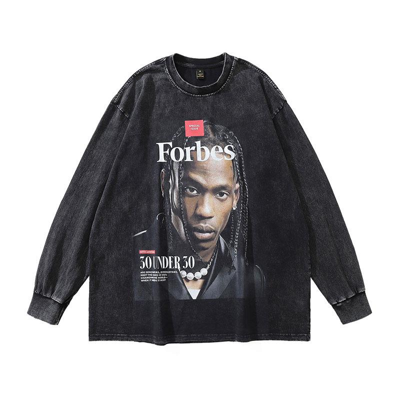 American Hip-Hop Portrait Direct Injection Printing Long-Sleeved T-Shirt Autumn Retro Crew Neck Sweater For Men And Women