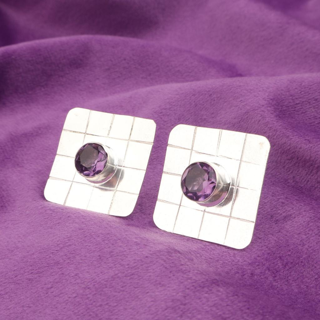 Round Natural Amethyst Sterling Silver Mother Gift Stud Post Butterfly Earrings EE-146-4
