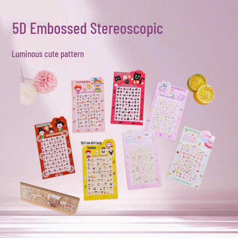 5D Luminous Embossed Princess Nail Stickers for Kids - Cute Non-toxic Cartoon Nail Art for Little Girls