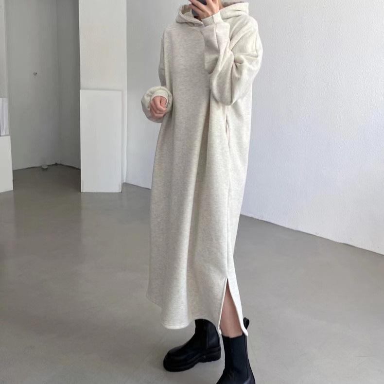 Chic Korean Hooded Sweatshirt Dress - Solid Color, Simple, Loose Fit, Long, Casual for Women (Spring/Autumn/Winter 2025)