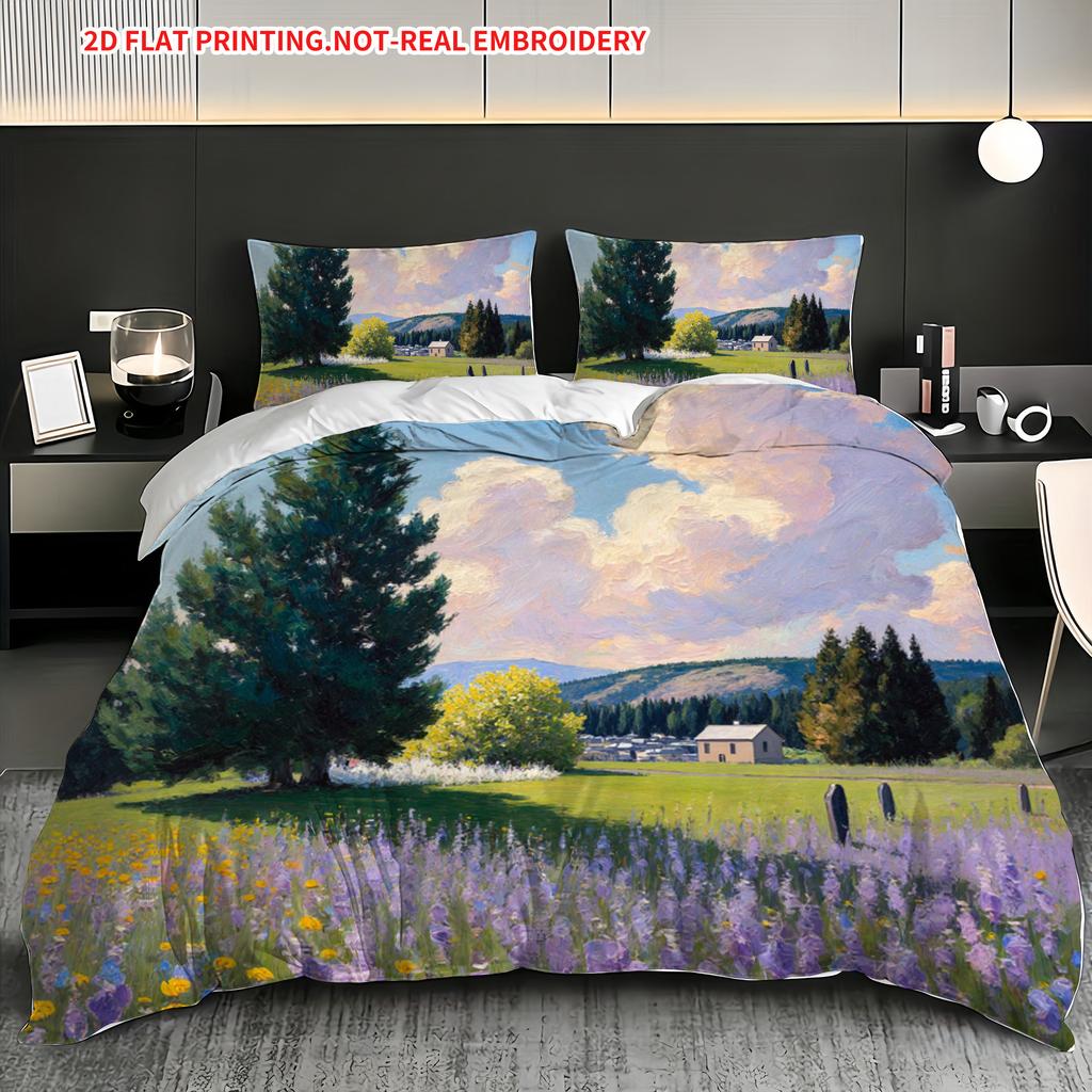 Pillowcase And Quilt Cover Three-Piece Set,Oil Painting Style Pastoral Flower Sea Pattern,Breathable And Machine Washable
