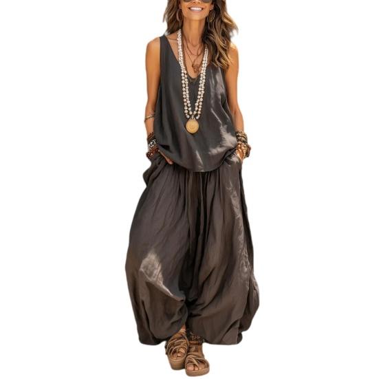 

Women s Summer Sleeveless 2 Piece Outfit V Neck Top And Wide Leg Pants Set Casual Vacation Matching Lounge Set S темно-коричневого