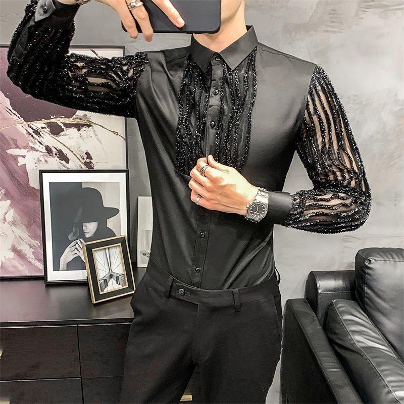 Korean Trend Fashion Men Shirts Spring Autumn New Solid Glossy Lapel Lace Patchwork Single Breaste Casual Slim Long Sleeve Tops