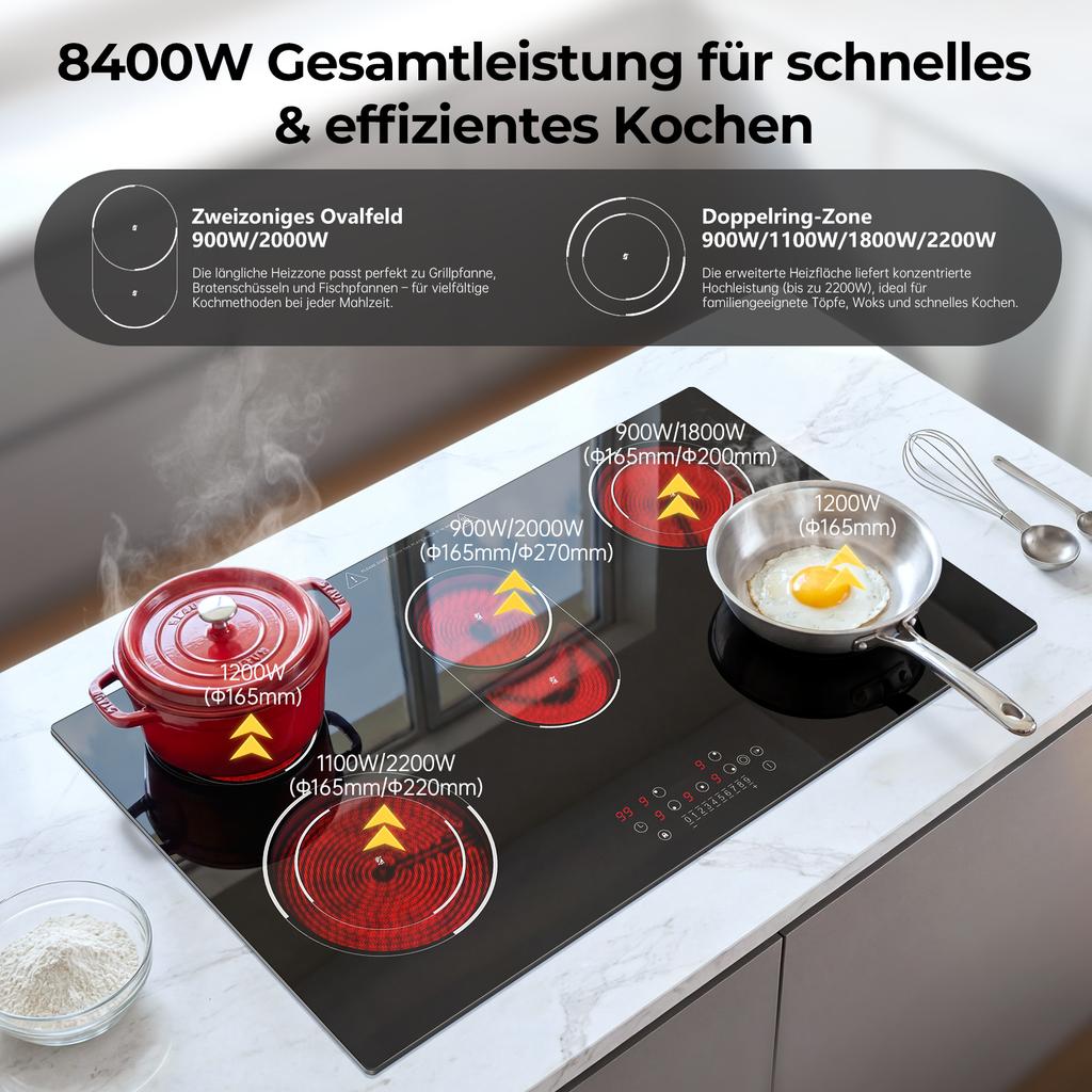 Glass Ceramic Hob, 5 Plates, 8400 W, Hob 90 Cm, with Oval Zone for Roasting Dish and Two Double Ring Zones, Touch Control