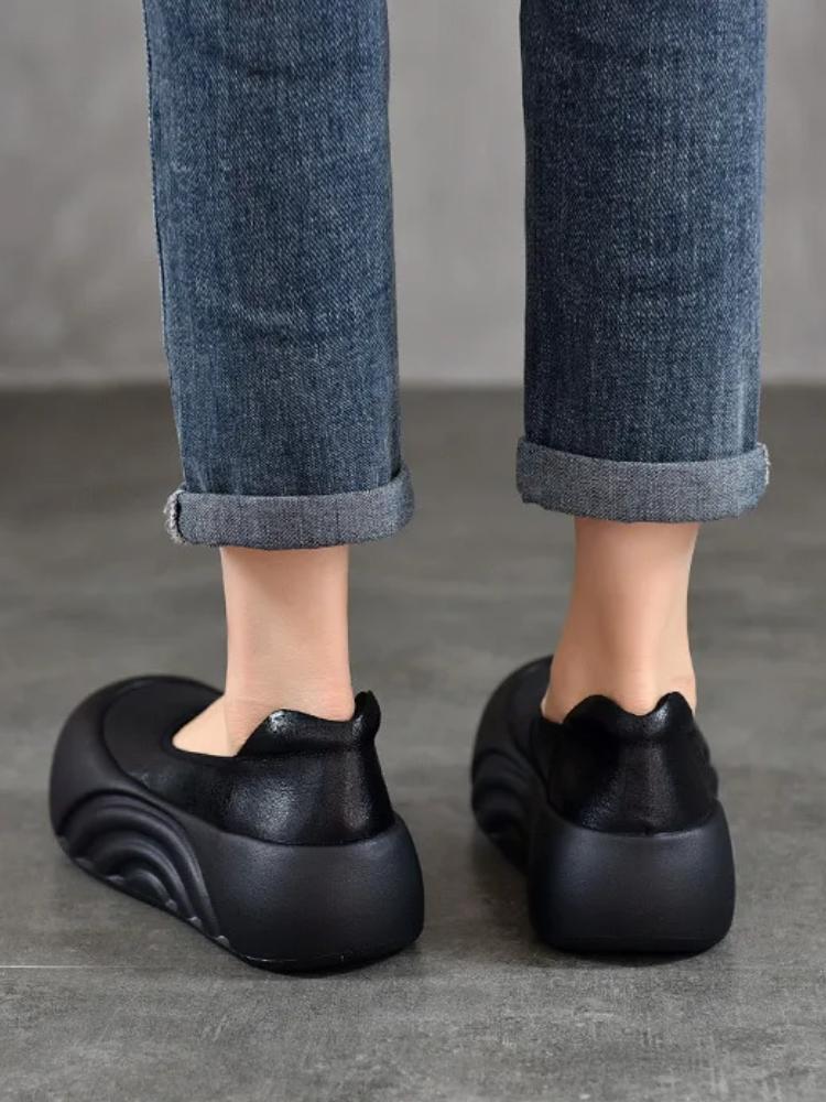 Johnature Retro-Schuhe aus echtem Leder, flache Plateauschuhe, runde Zehenpartie, dicke Sohle, lässige Damen-Schlupfschuhe