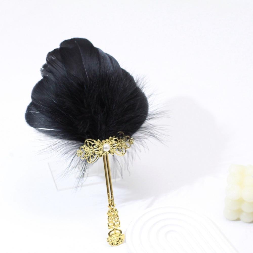 

Vintage Ornate Fluffy Feather Fan Gold Handle Chinese Style Fan Handheld Fan Wedding Party чёрный