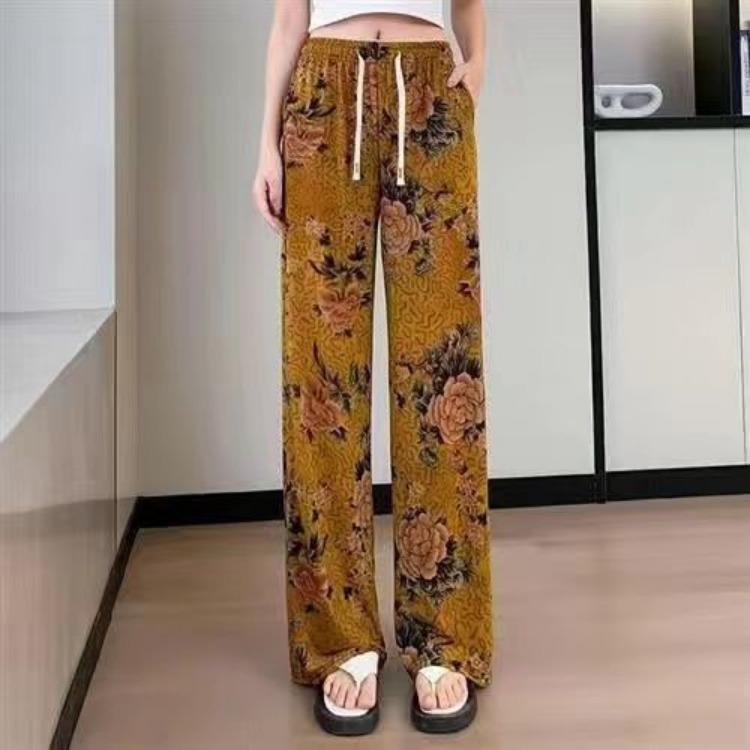 Summer Women's Wide Leg Pants Loose Chinese Style Floral Pants Straight Leg Women's Pants