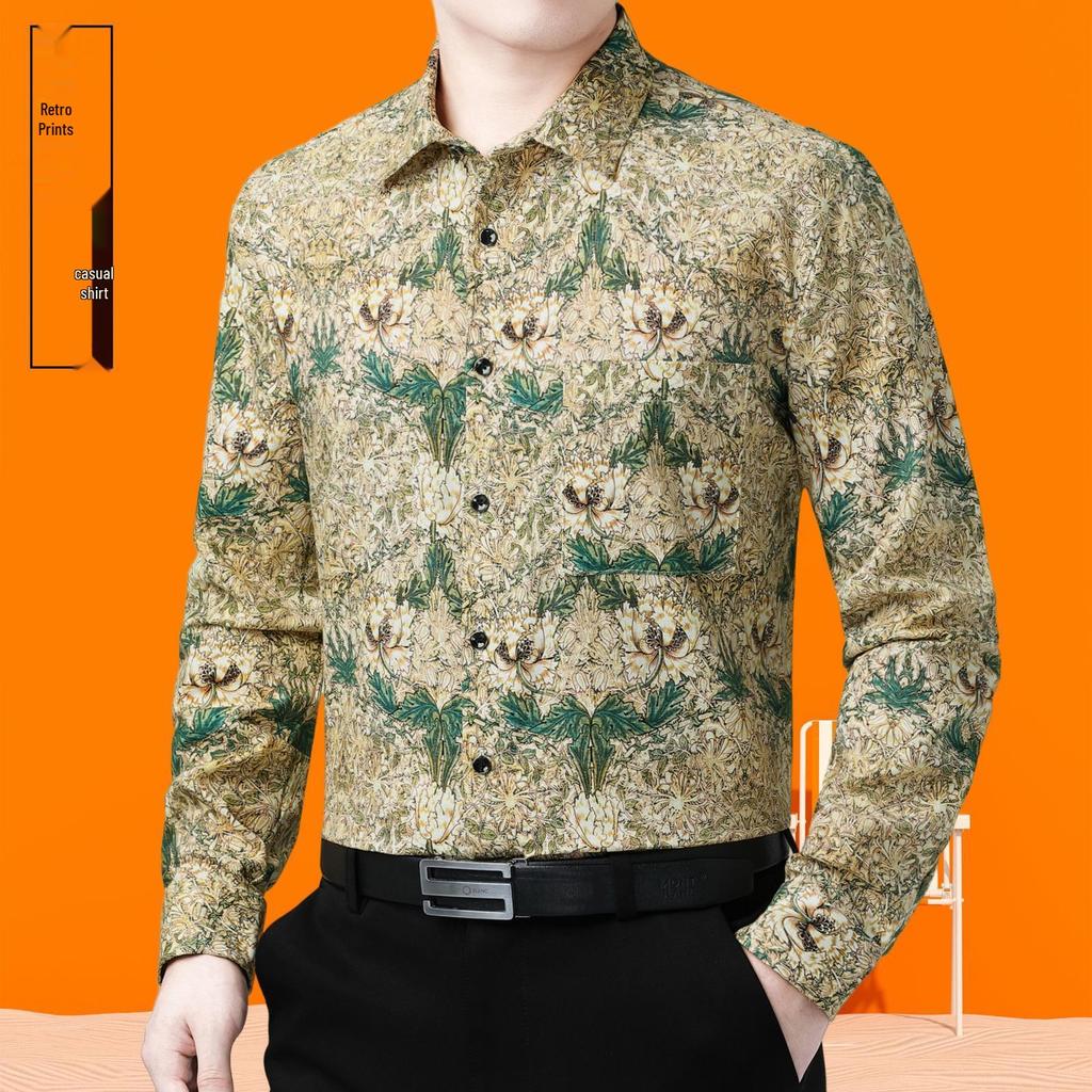 Spring & Autumn Men's Plus Size Printed Cotton Linen Shirt - Business Casual, Long Sleeve.