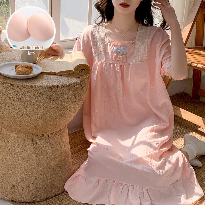 

2026 Summer Princess Style Woven Cotton Nightgown: Embossed Short-Sleeve Dress with Bra Pads for Women XL