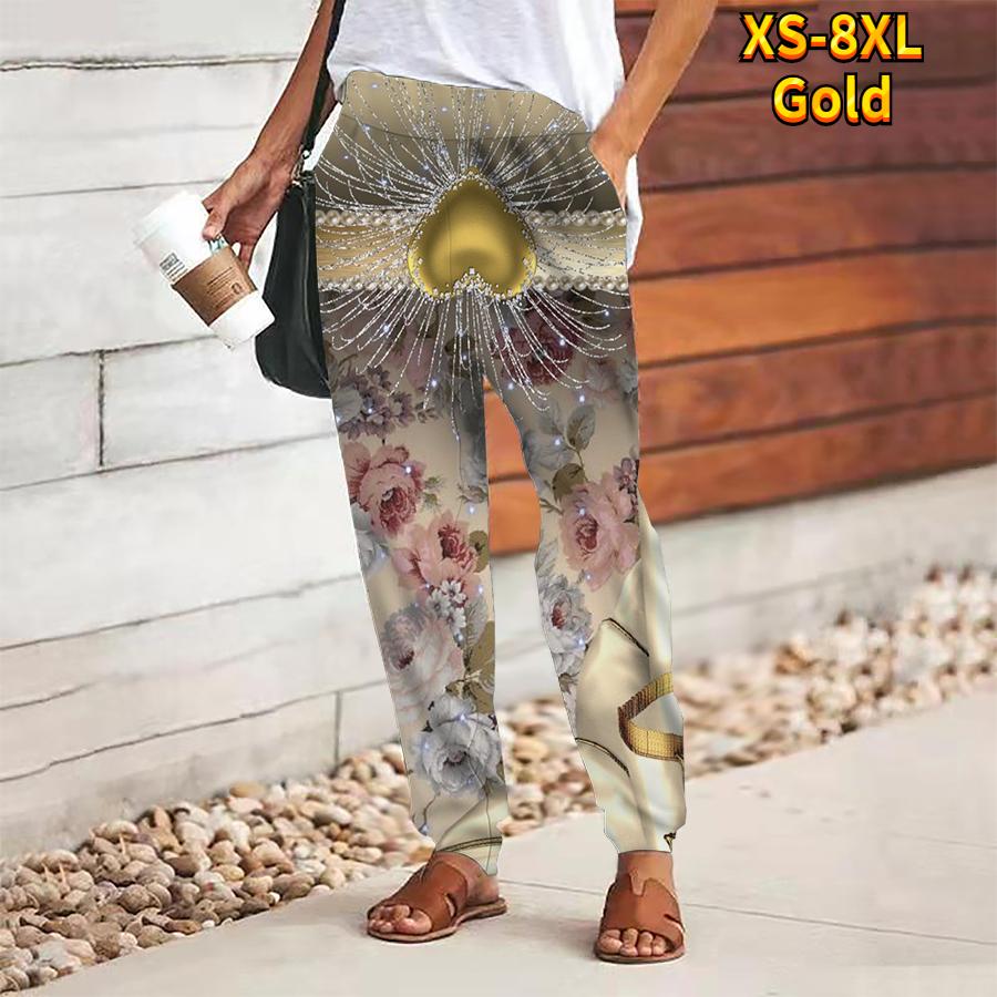 Women Gorgeous Printing Pants Lace Up Elastic Waist Loose  Trousers Casual Long Pants Trousers with Pockets