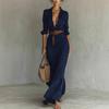 Robe chemise d'été pour femme à manches longues, col en V, boutonnée, ceinturée, longue, style bohème, froncée, tenues de vacances à la plage
