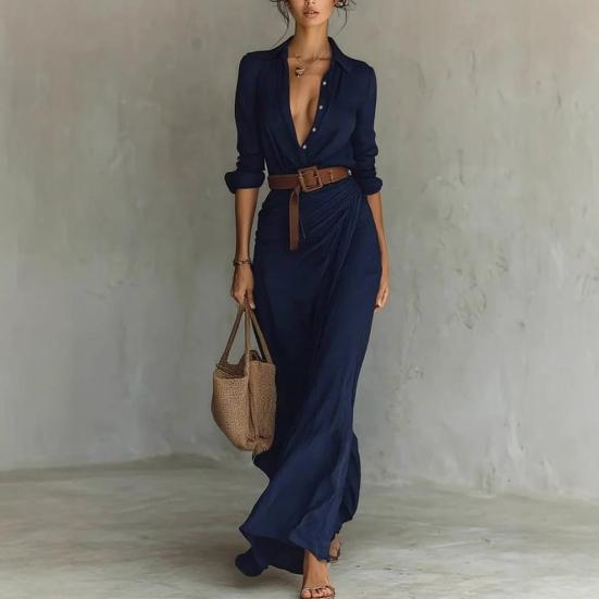 Robe chemise d'été pour femme à manches longues, col en V, boutonnée, ceinturée, longue, style bohème, froncée, tenues de vacances à la plage
