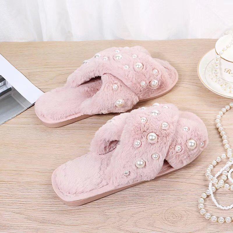 Fashion Pearls Detor Plush Slippers for Women Fashion Cross Strap House Furry Slippers Woman Slip On Faux Fur Cotton Slides Mujer