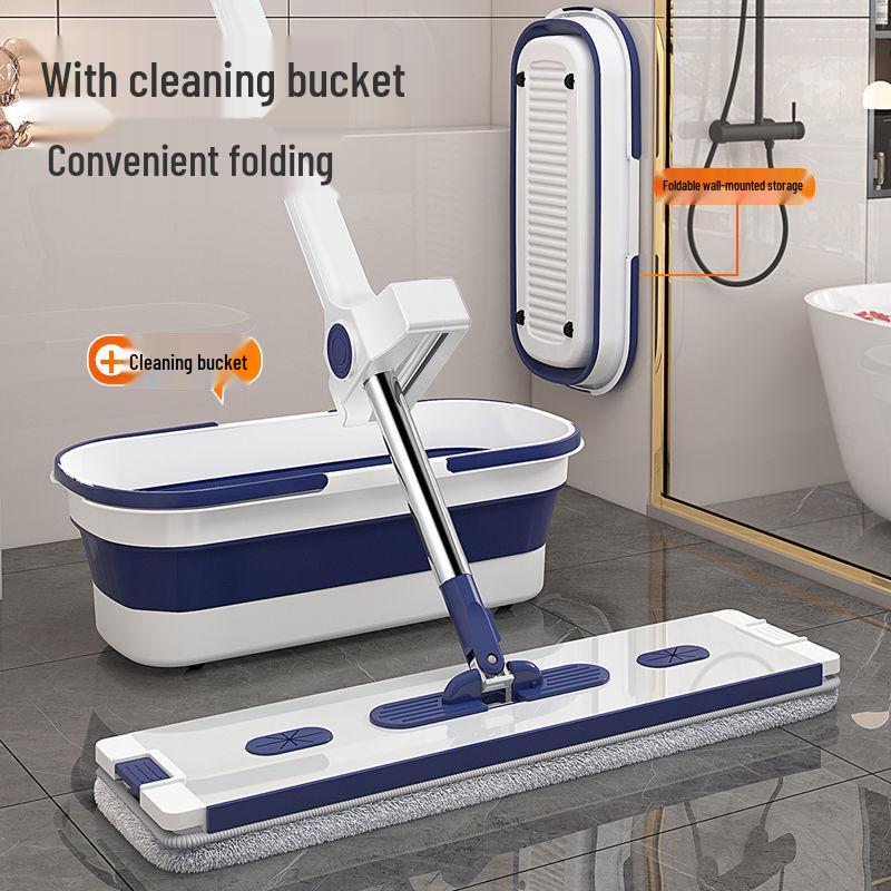 Mop plat mâini libere cu găleată pliabilă, dublă utilizare pentru curățare uscată și umedă, ideal pentru casă și mașină.