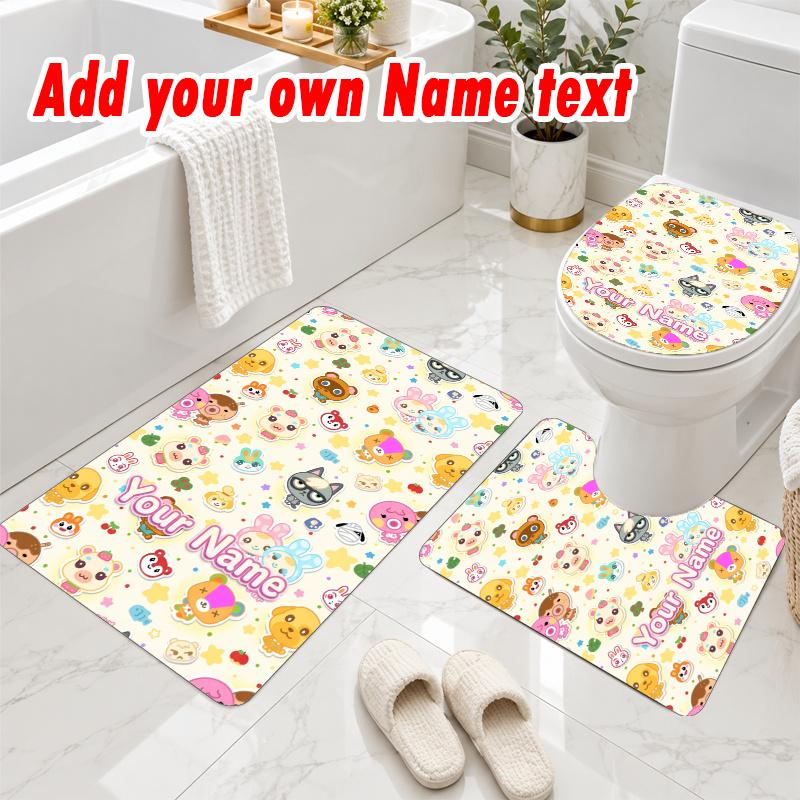 Personalized Animal Crossing 3Pcs Flannel Toilet Mat Set Custom Text Bathroom Rug Non Slip
