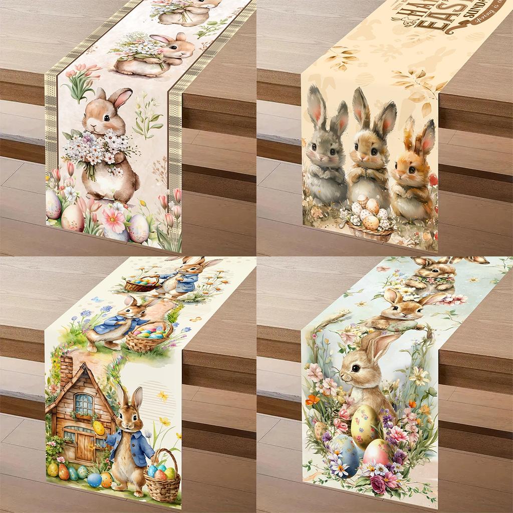Vintage Easter Bunny Tablecloth Rabbit Eggs Flower Table Flag Cover Happy Easter Decoration For Home Kitchen Dining Table Decor