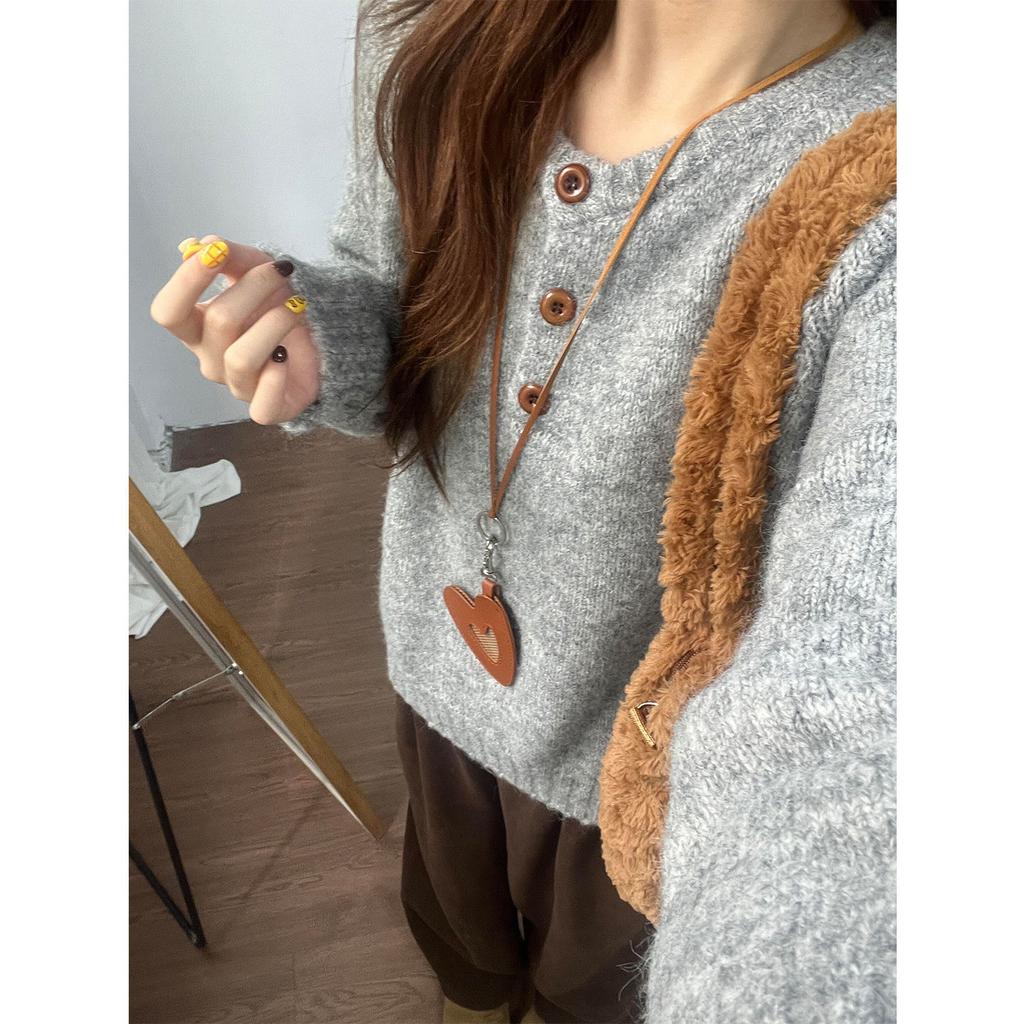 Goose Yellow Button Half Open Neck Knitted Sweater Women's Autumn and Winter Thickened Warm Inner Bottoming Shirt Loose Versatile Top