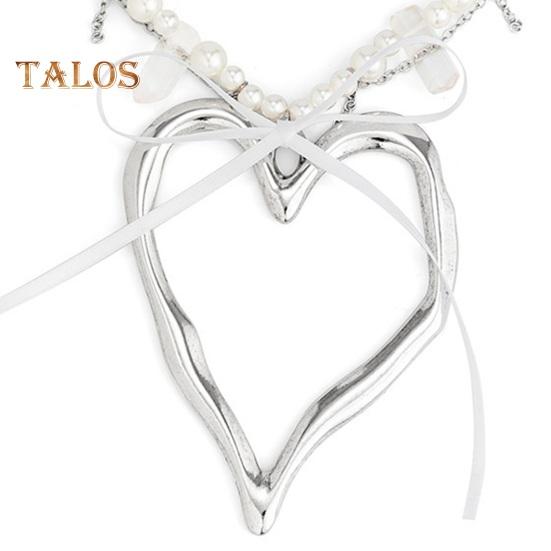 Halskette für Frauen, Kunstperle, großer Herz-Anhänger, hohle Kette, Schleife, Dekor, verstellbare Länge, Edelstahl, Halsschmuck, Schmuck für Party, Strand, Schlüsselbeinkette