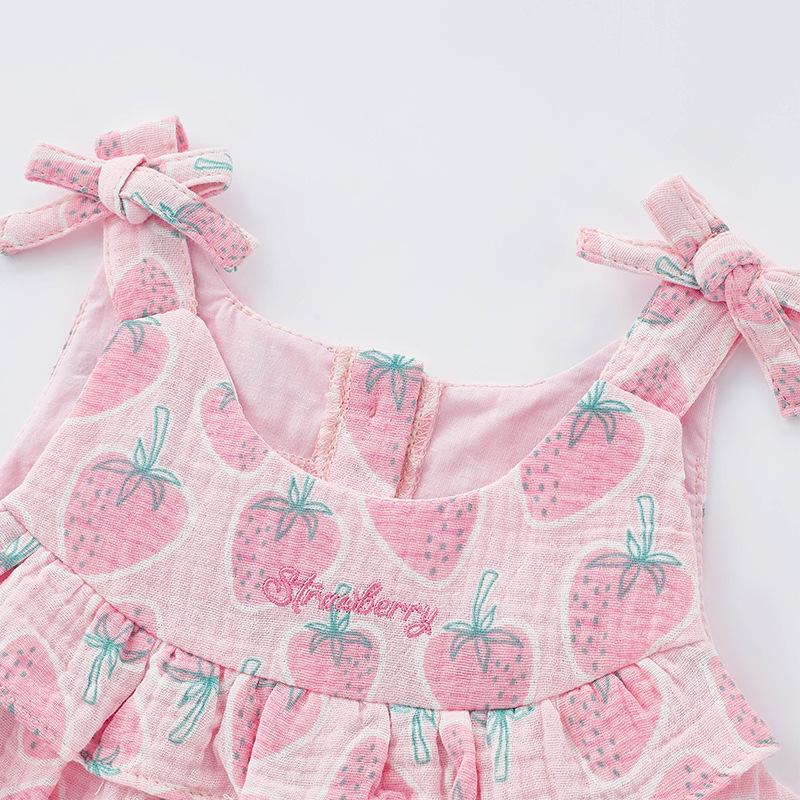 2025 Sommer Neugeborenes Erdbeer-Baumwoll-Strampelhöschen - Ärmellos, Spaghettiträger, Druckknopfverschluss im Schritt