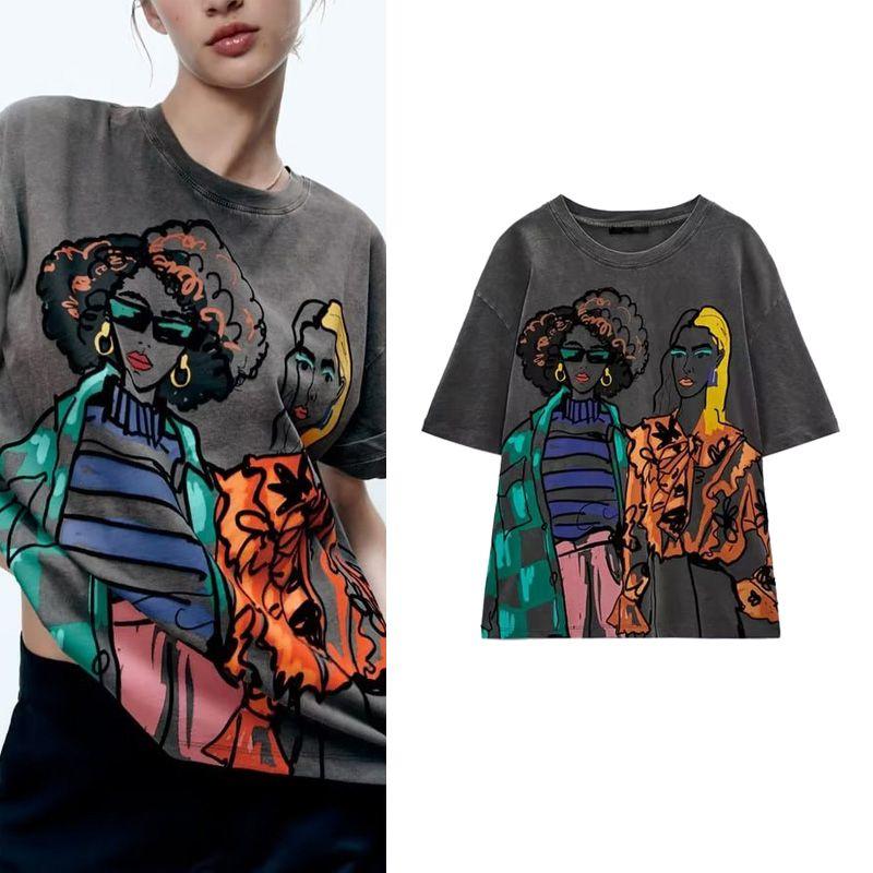 Autumn and Winter New Design Sense Niche Retro Round Neck Short Sleeve Top Girl Print T-shirt 1131897