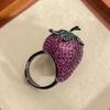 Adjustable Cute Strawberry Shaped Ring Vivid Pink with Green Accents Embellished with Sparkling Zirconia Women Fashion Jewelry
