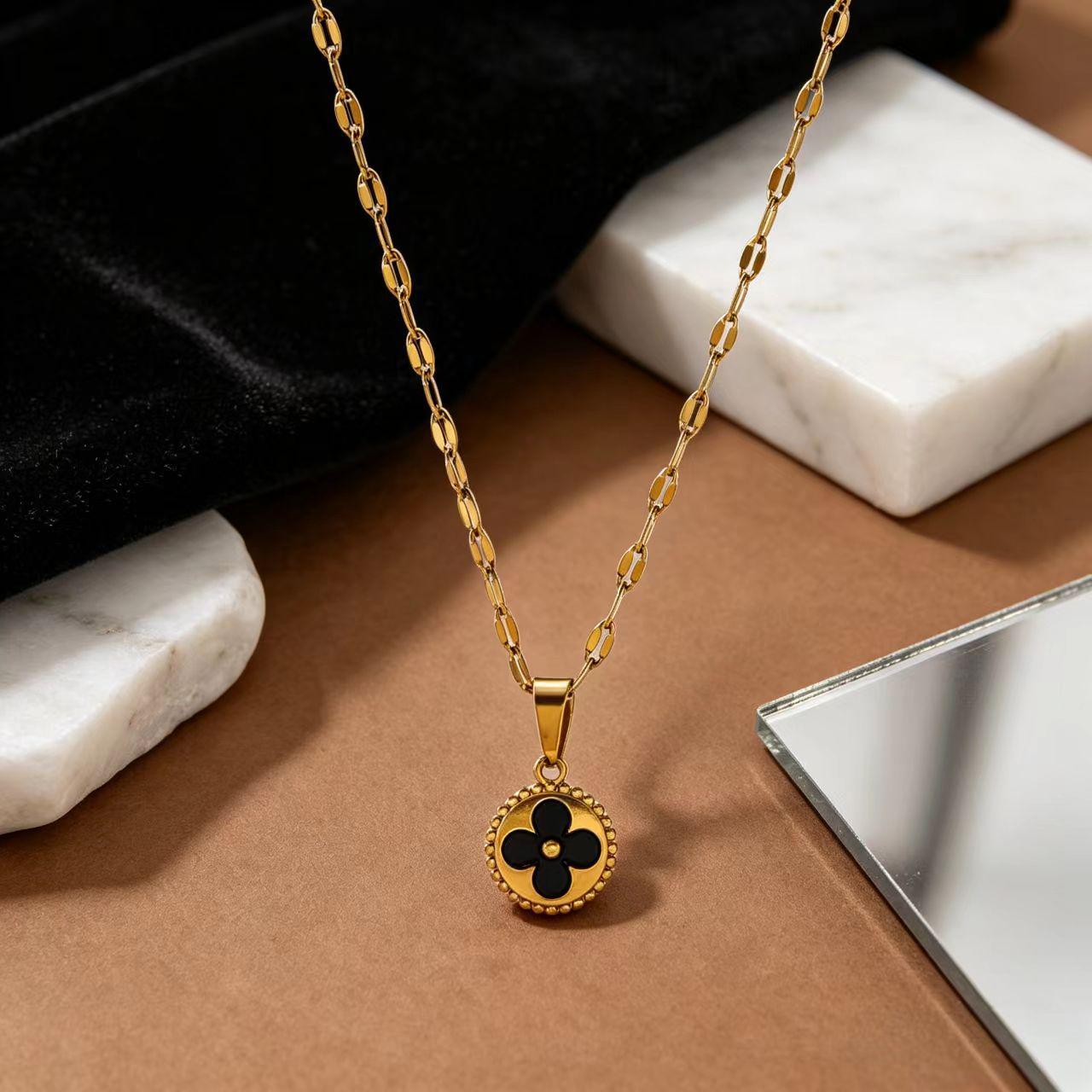 Gold Multicolor Enamel Four-Leaf Clover Clavicle Necklace with Titanium Steel Chain 18K Gold Plated