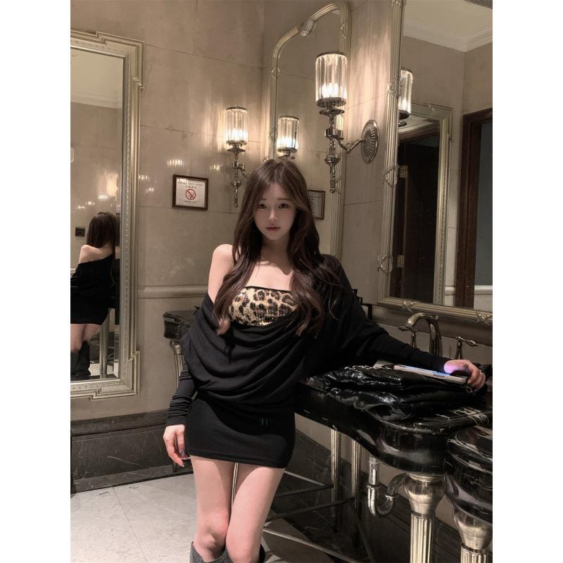 Spice Girl Style Leopard Print Tube Top, Advanced Sense Swinging Collar, Long Sleeves, Thin Hip Wrap Waist Dress Suit, Women