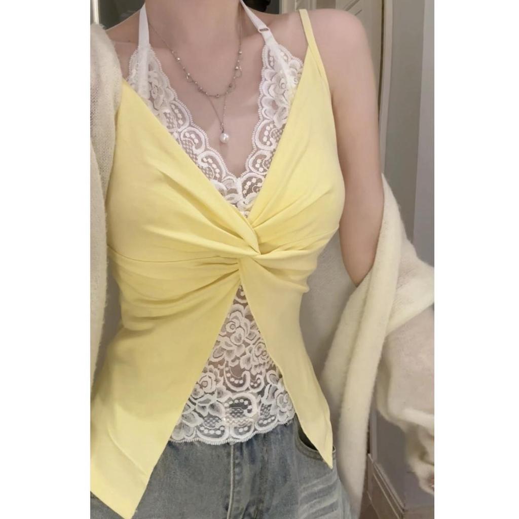 French lace design sense pure desire fake two pieces neck adjustable back v-neck sleeveless suspender women's top